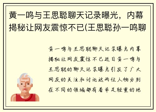 黄一鸣与王思聪聊天记录曝光，内幕揭秘让网友震惊不已(王思聪孙一鸣聊天记录)