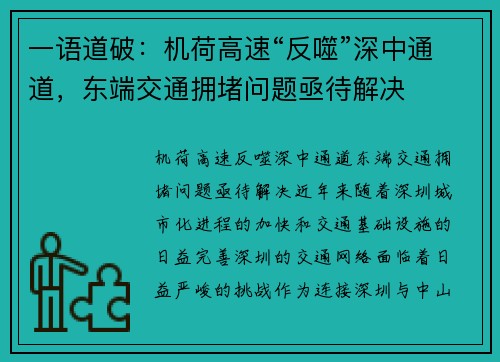 一语道破：机荷高速“反噬”深中通道，东端交通拥堵问题亟待解决